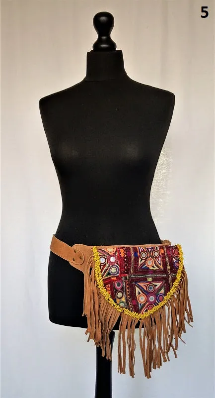 Suede fanny pack with vintage embroidered Kuchi fabrics - suède embroidered hip bag