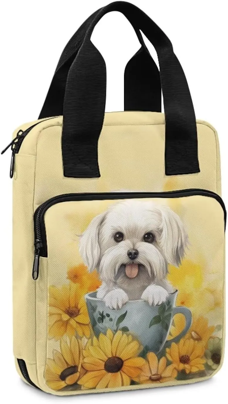 Sunflower White Dog Bible Case for Women&Men Bible Cover with Front Zip Pocket Portable Large Bible Holder Waterproof Church Bible Bag for Worship