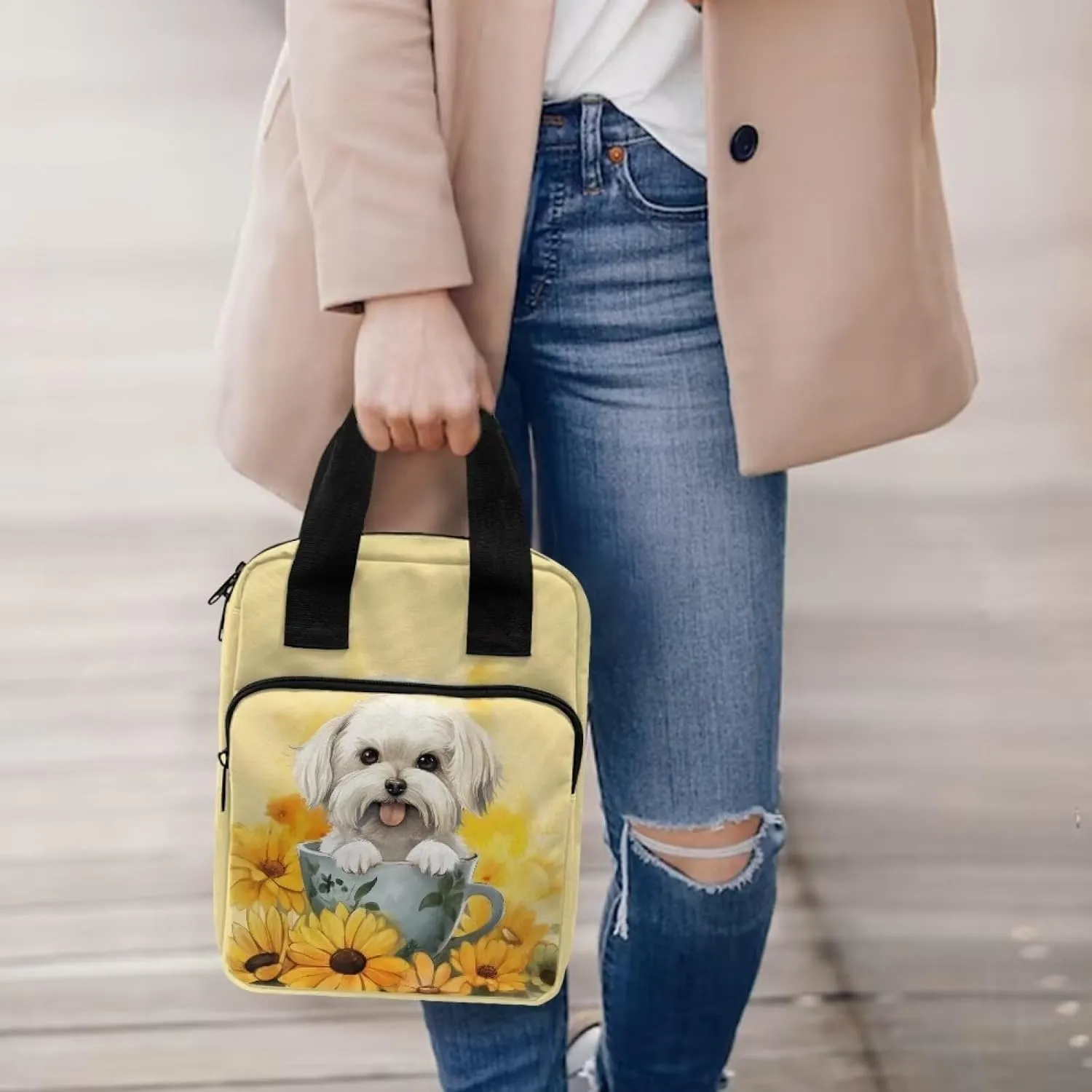 Sunflower White Dog Bible Case for Women&Men Bible Cover with Front Zip Pocket Portable Large Bible Holder Waterproof Church Bible Bag for Worship