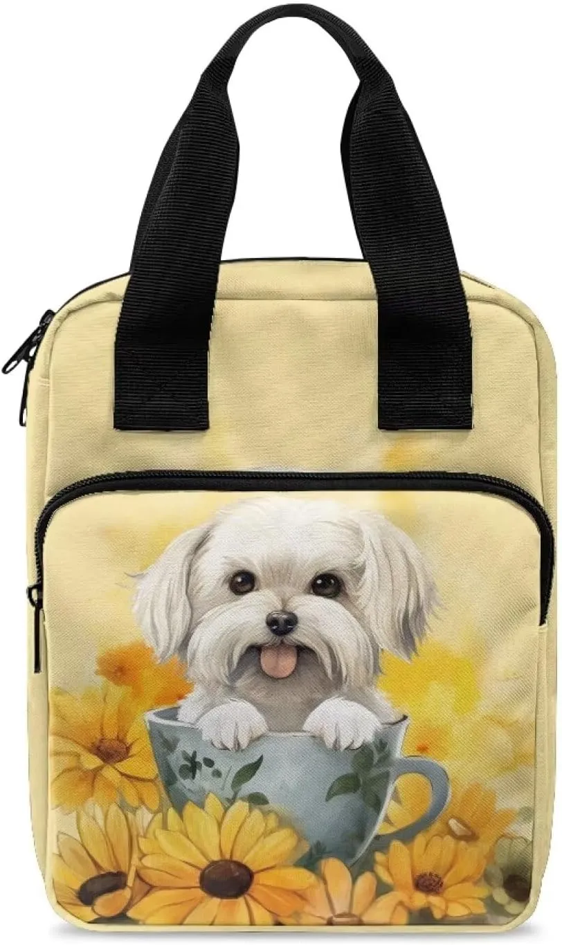 Sunflower White Dog Bible Case for Women&Men Bible Cover with Front Zip Pocket Portable Large Bible Holder Waterproof Church Bible Bag for Worship