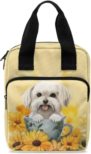 Sunflower White Dog Bible Case for Women&Men Bible Cover with Front Zip Pocket Portable Large Bible Holder Waterproof Church Bible Bag for Worship