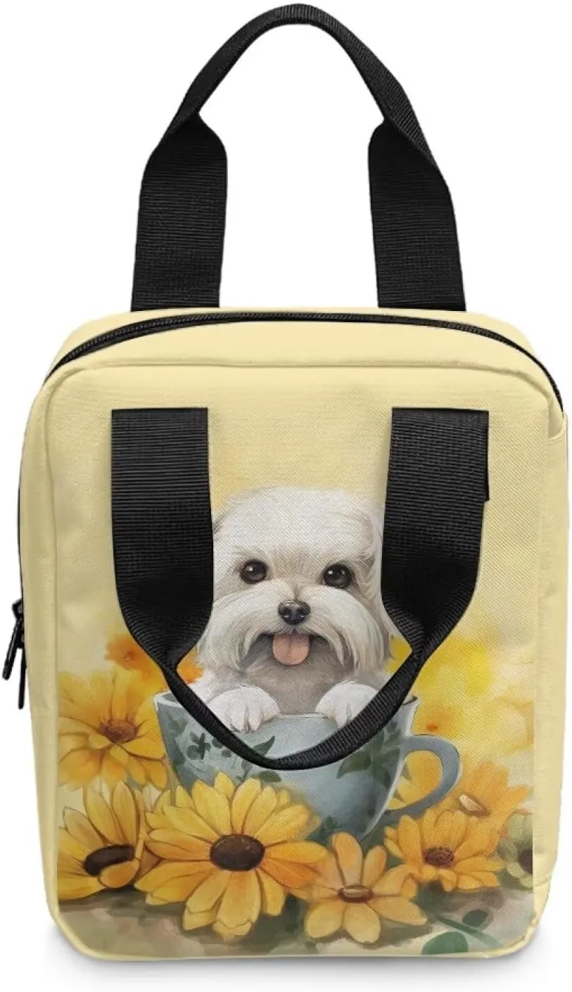 Sunflower White Dog Bible Case for Women&Men Bible Cover with Front Zip Pocket Portable Large Bible Holder Waterproof Church Bible Bag for Worship