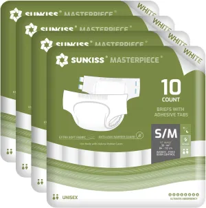 SUNKISS Masterpiece Adult Diapers with Tabs, Unisex Disposable Incontinence Briefs for Women and Men, Odor Control, White, Medium, 40 Count (4 Packs of 10)