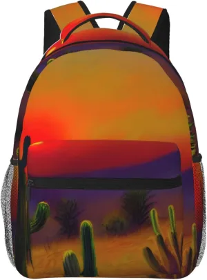 Sunset Cactus In Desert Leisure Lightweight Double-Shoulder Backpack,Simple Canvas, And Spacious Design