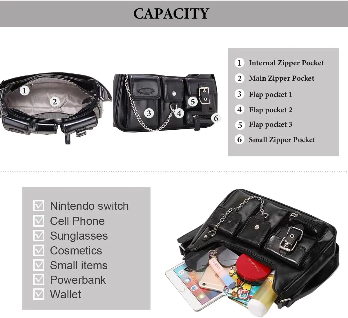 Sunwel Fashion Y2k Black Purse Goth Multi-Pockets Shoulder Bag Aesthetic Grunge Bag for Women