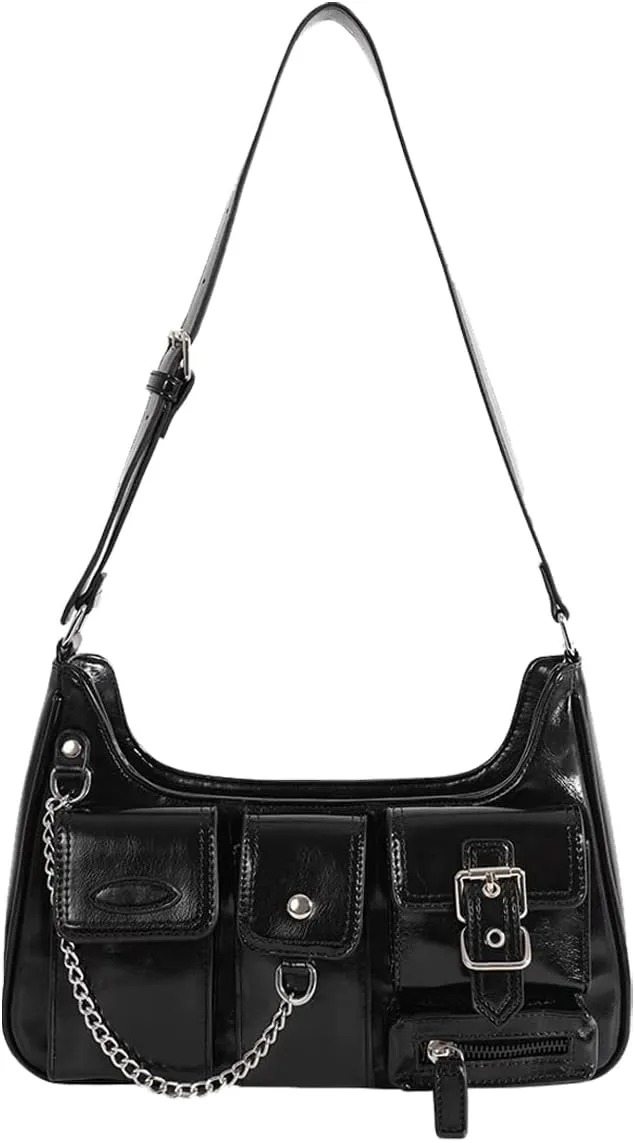 Sunwel Fashion Y2k Black Purse Goth Multi-Pockets Shoulder Bag Aesthetic Grunge Bag for Women