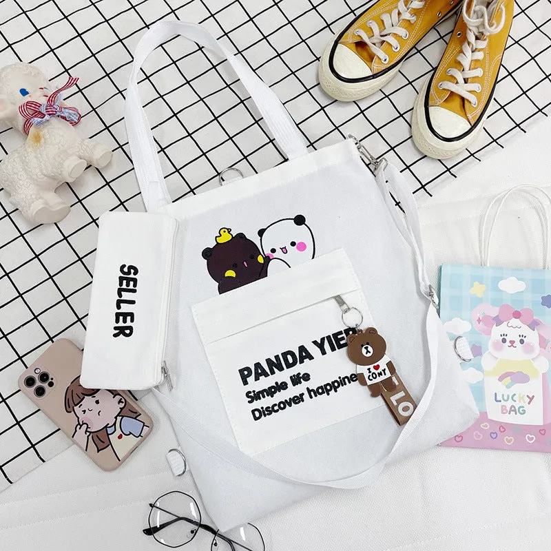 Supply Canvas Cartoon Bear Two-piece Large Crossbody Bags
