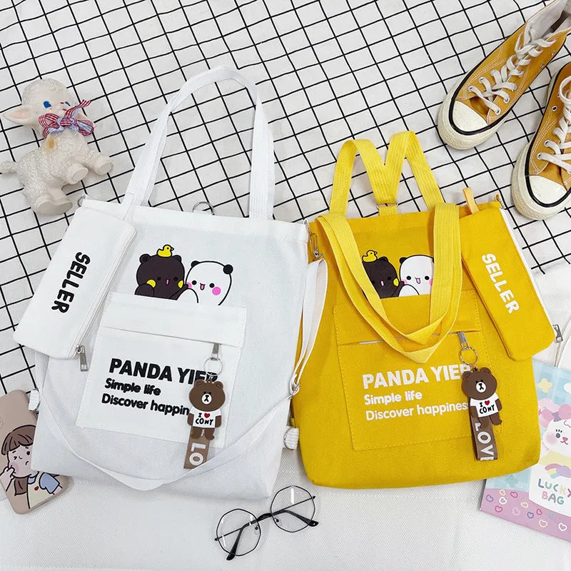 Supply Canvas Cartoon Bear Two-piece Large Crossbody Bags