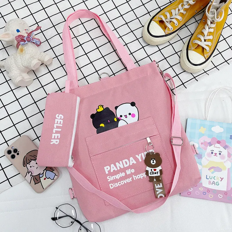 Supply Canvas Cartoon Bear Two-piece Large Crossbody Bags