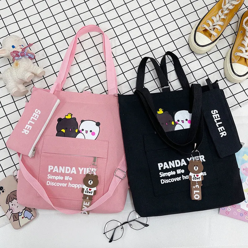 Supply Canvas Cartoon Bear Two-piece Large Crossbody Bags