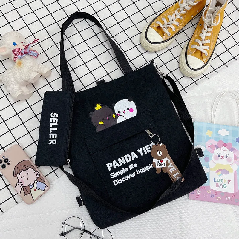 Supply Canvas Cartoon Bear Two-piece Large Crossbody Bags