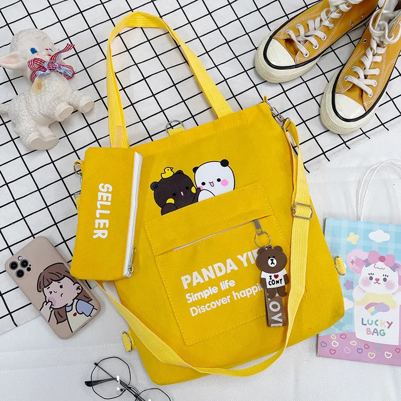 Supply Canvas Cartoon Bear Two-piece Large Crossbody Bags