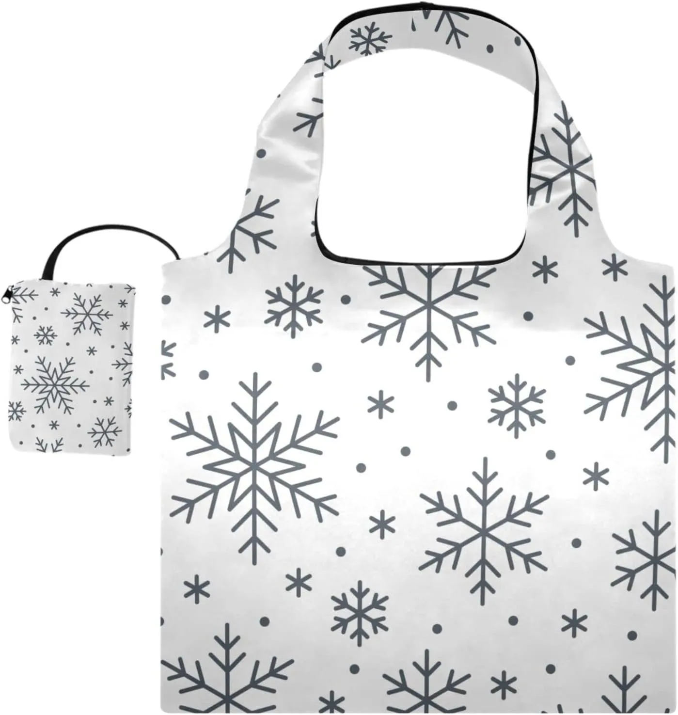 susiyo Black White Snowflakes Foldable Reusable Grocery Shopping Tote Bag Heavy Duty Eco-friendly Travel Recycle Shoulder Bag Folding to fits in Pocket for Women Men