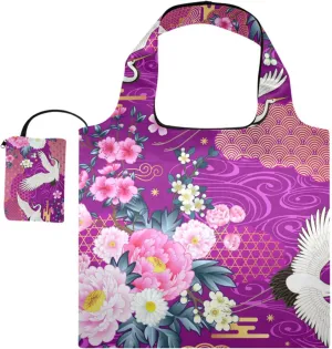 susiyo Blooming Peonies and Cranes Foldable Reusable Grocery Shopping Tote Bag Heavy Duty Eco-friendly Travel Recycle Shoulder Bag Folding to fits in Pocket for Women Men
