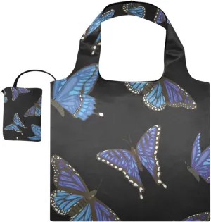 susiyo Blue Purple Butterflies Foldable Reusable Grocery Shopping Tote Bag Heavy Duty Eco-friendly Travel Recycle Shoulder Bag Folding to fits in Pocket for Women Men