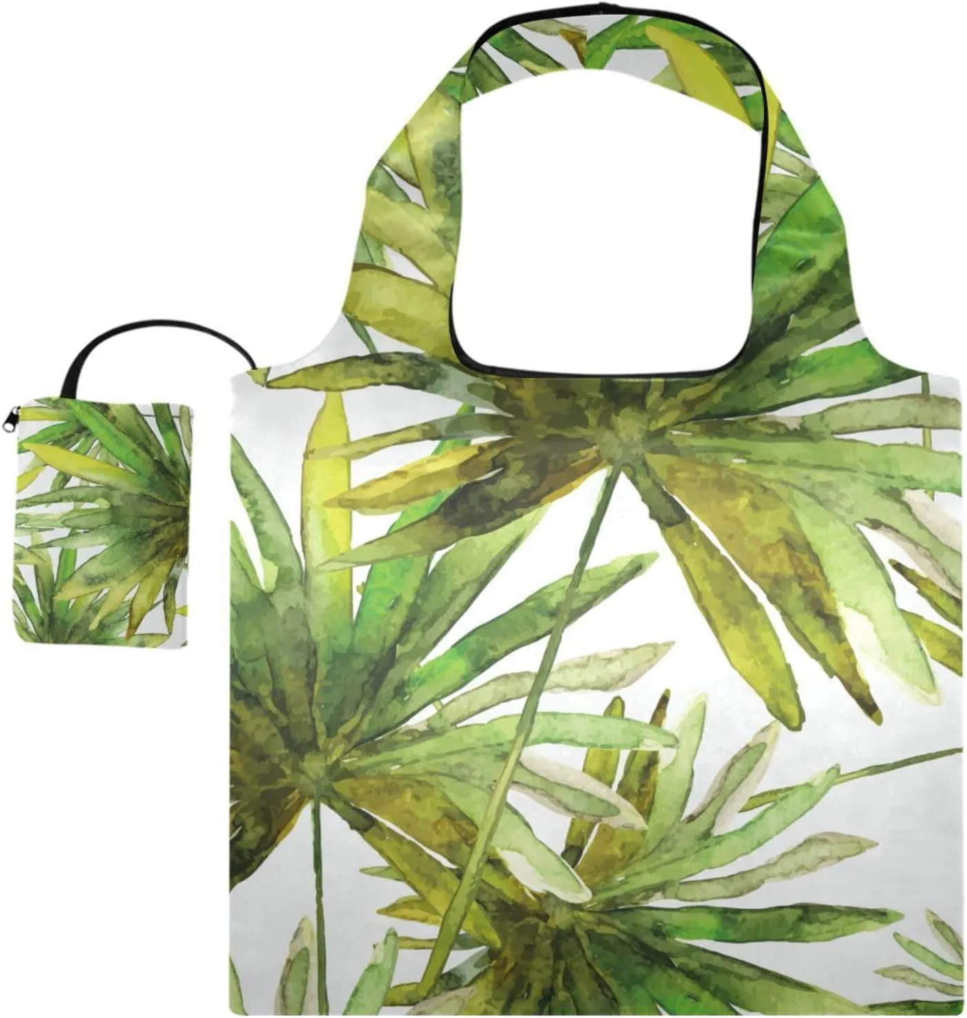 susiyo Drawing Palm Leaves Foldable Reusable Grocery Shopping Tote Bag Heavy Duty Eco-friendly Travel Recycle Shoulder Bag Folding to fits in Pocket for Women Men