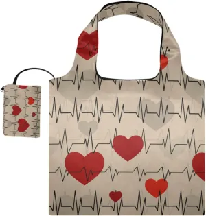 susiyo Heart Rhythms Foldable Reusable Grocery Shopping Tote Bag Heavy Duty Eco-friendly Travel Recycle Shoulder Bag Folding to fits in Pocket for Women Men