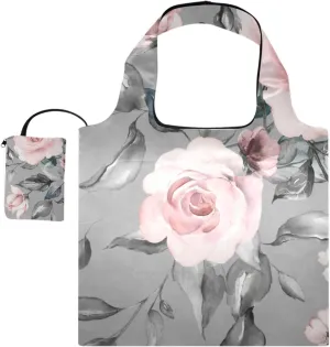 susiyo Pink Flower Grey Leaves Foldable Reusable Grocery Shopping Tote Bag Heavy Duty Eco-friendly Travel Recycle Shoulder Bag Folding to fits in Pocket for Women Men