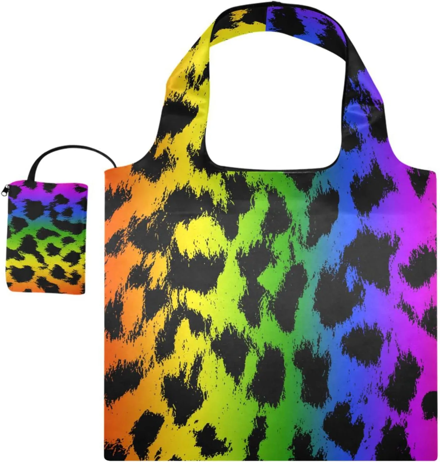 susiyo Rainbow Leopard Skin Foldable Reusable Grocery Shopping Tote Bag Heavy Duty Eco-friendly Travel Recycle Shoulder Bag Folding to fits in Pocket for Women Men