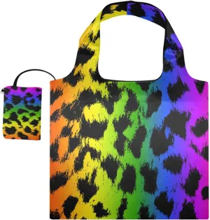 susiyo Rainbow Leopard Skin Foldable Reusable Grocery Shopping Tote Bag Heavy Duty Eco-friendly Travel Recycle Shoulder Bag Folding to fits in Pocket for Women Men
