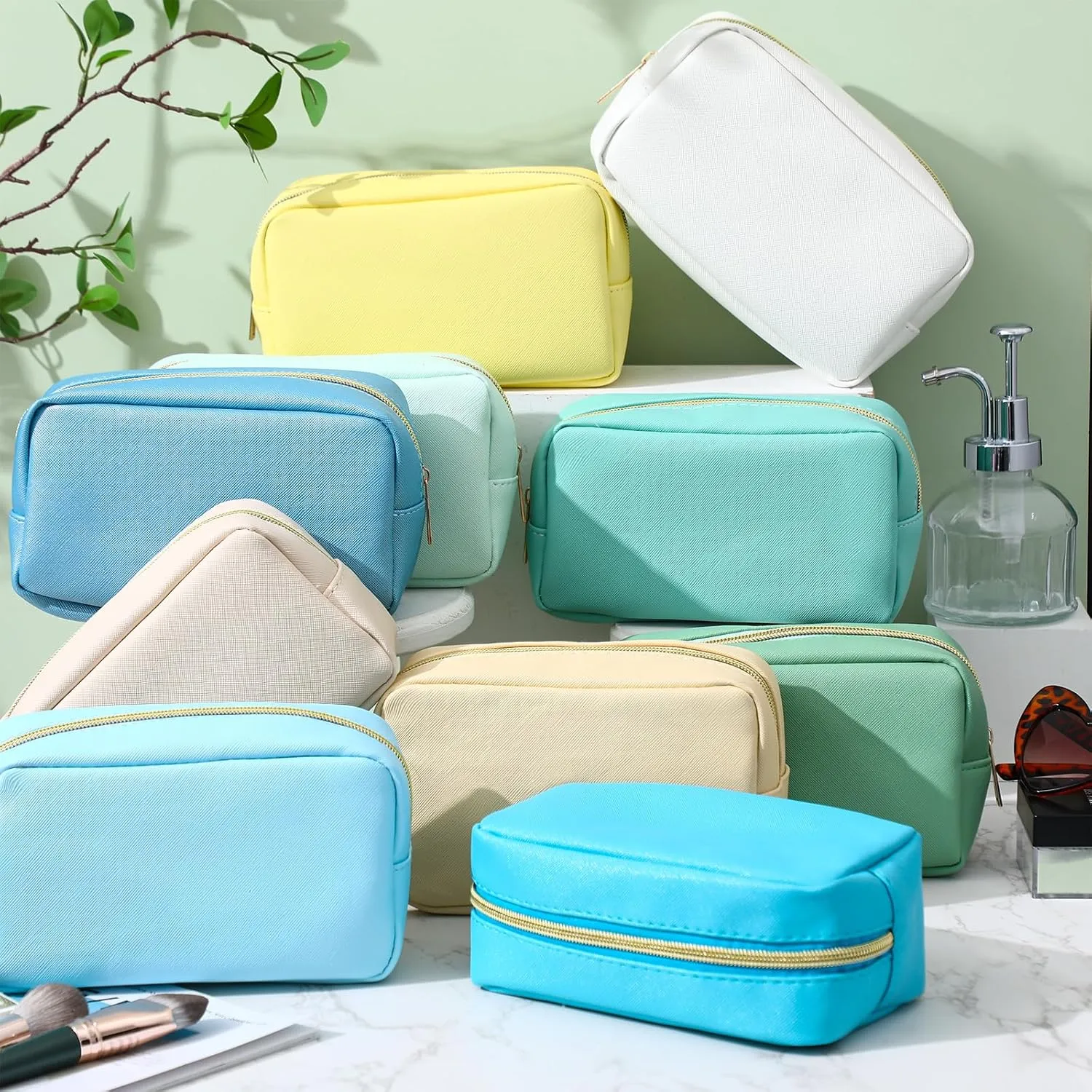Sweetude 10 Pcs Preppy Makeup Bag Bulk Cosmetic Bag Bridesmaid Gift Wedding Day Bachelorette Party Favor Toiletry Pouch DIY PU Leather Skincare Pouch for Women(Blue Green Yellow)