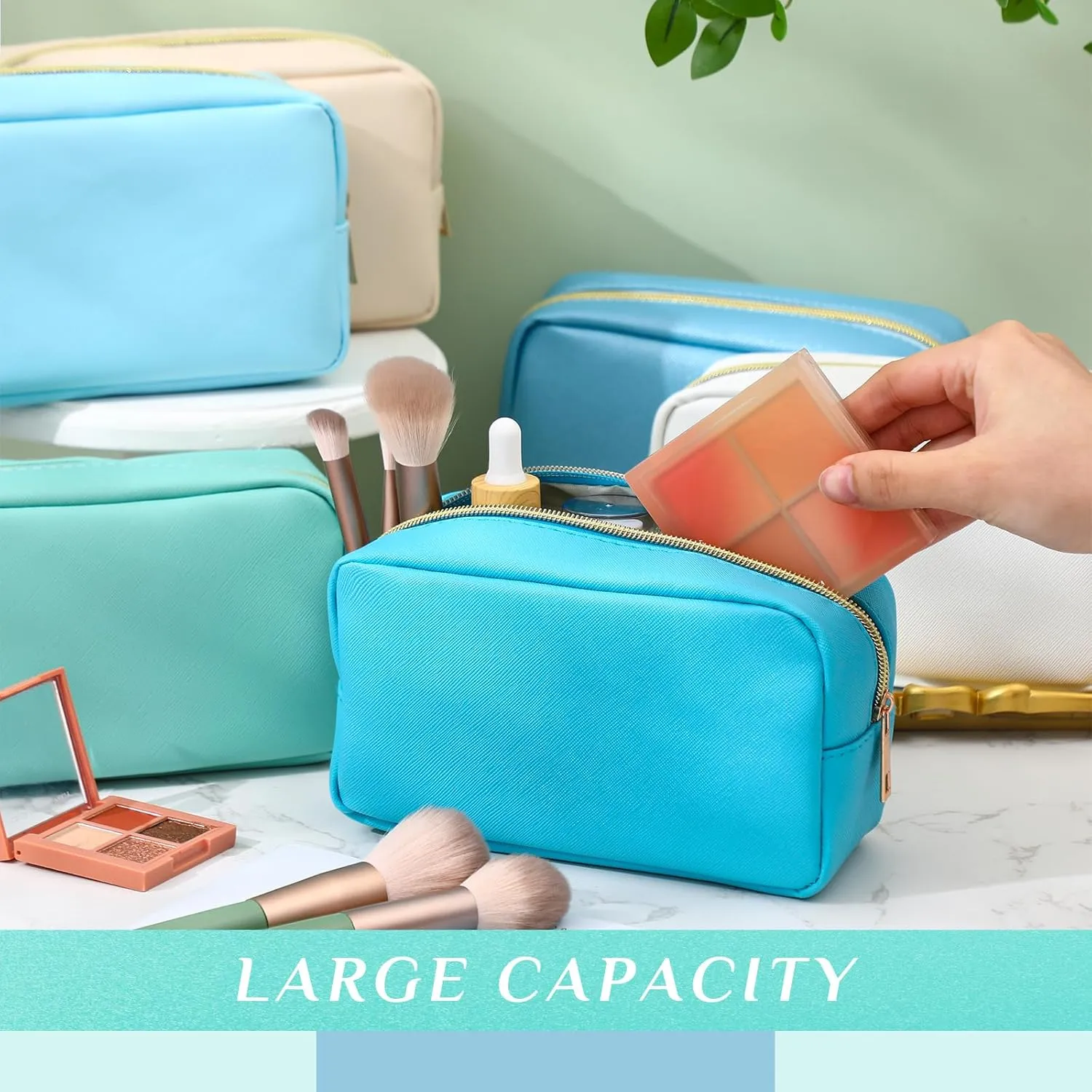 Sweetude 10 Pcs Preppy Makeup Bag Bulk Cosmetic Bag Bridesmaid Gift Wedding Day Bachelorette Party Favor Toiletry Pouch DIY PU Leather Skincare Pouch for Women(Blue Green Yellow)