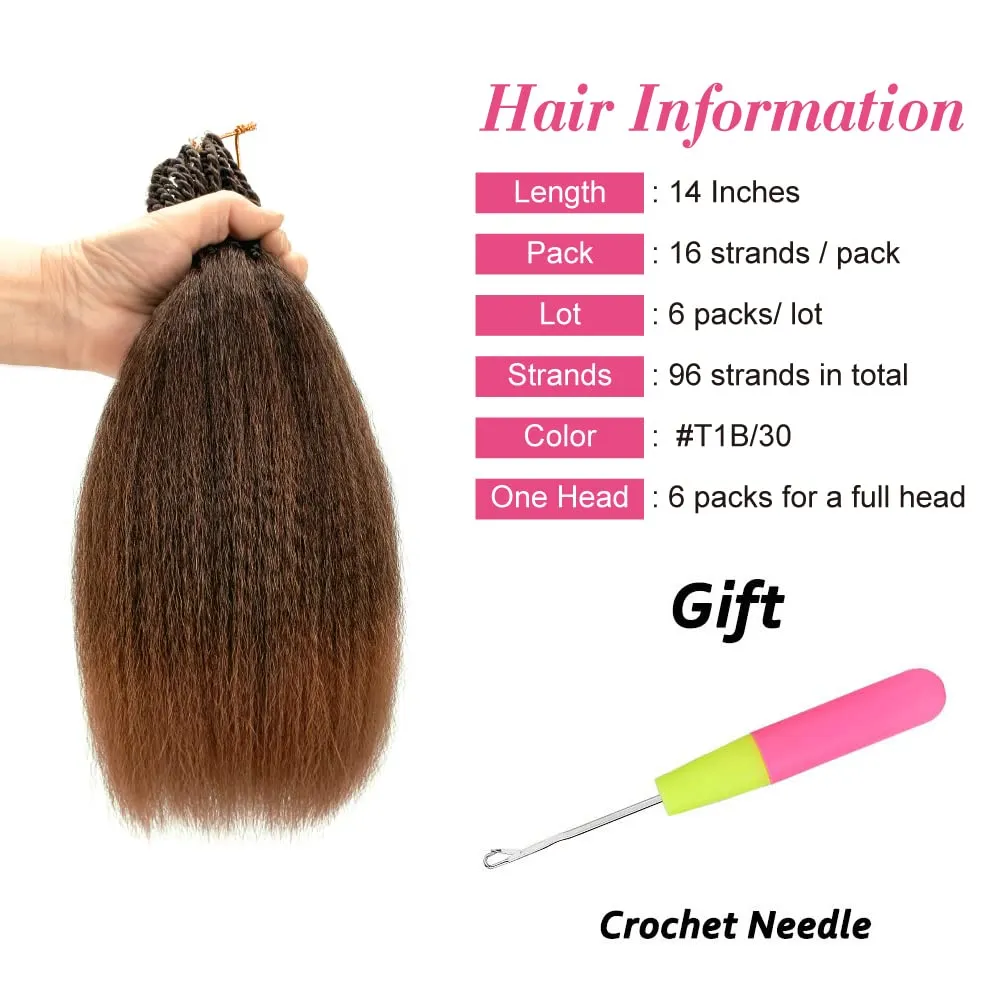 Synthetic Kinky Straight Crochet Braid Hair with Adjustable Pre-looped Yaki straight Crochet Braiding Hair Extension for Black Women 6 Packs 14 Inches 96 Roots T30