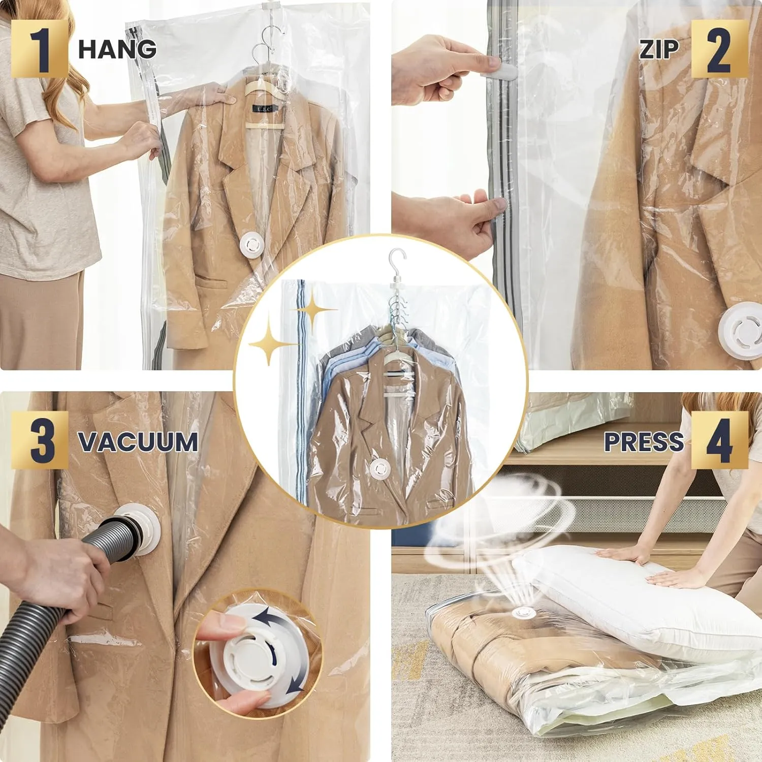 TAILI Hanging Vacuum Sealer Storage Space Saver Bags for Clothing, Suits and Jackets, Closet Organizers, Travel, 6 Pack Jumbo Cream
