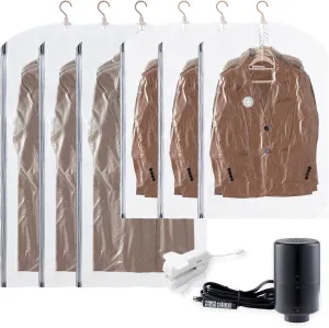 TAILI Hanging Vacuum Sealer Suction Space Saver Storage Bags for Clothes with Electric Air Pump And Rolling Slide Clip for Coats, Closet Organizers, 3 Long 3 Short