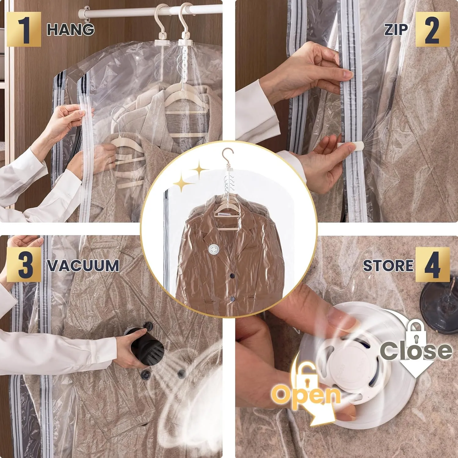 TAILI Hanging Vacuum Sealer Suction Space Saver Storage Bags for Clothes with Electric Air Pump And Rolling Slide Clip for Coats, Closet Organizers, 3 Long 3 Short