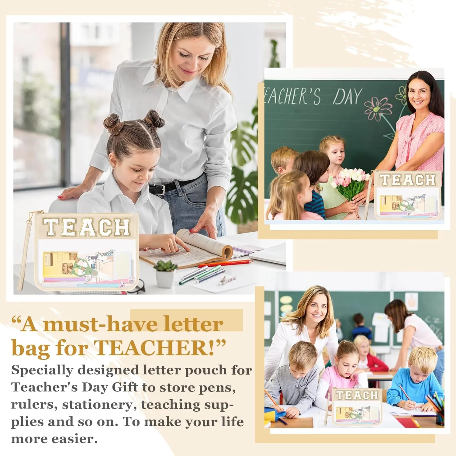Teacher Appreciation Gifts TEACH Chenille Letter Clear Makeup Bag Pouch, Monogram PVC Clear Zipper Pouch with Wristlet Travel Cosmetic Bag Graduation Retirement Teacher Gifts for Women(TEACH-Beige)