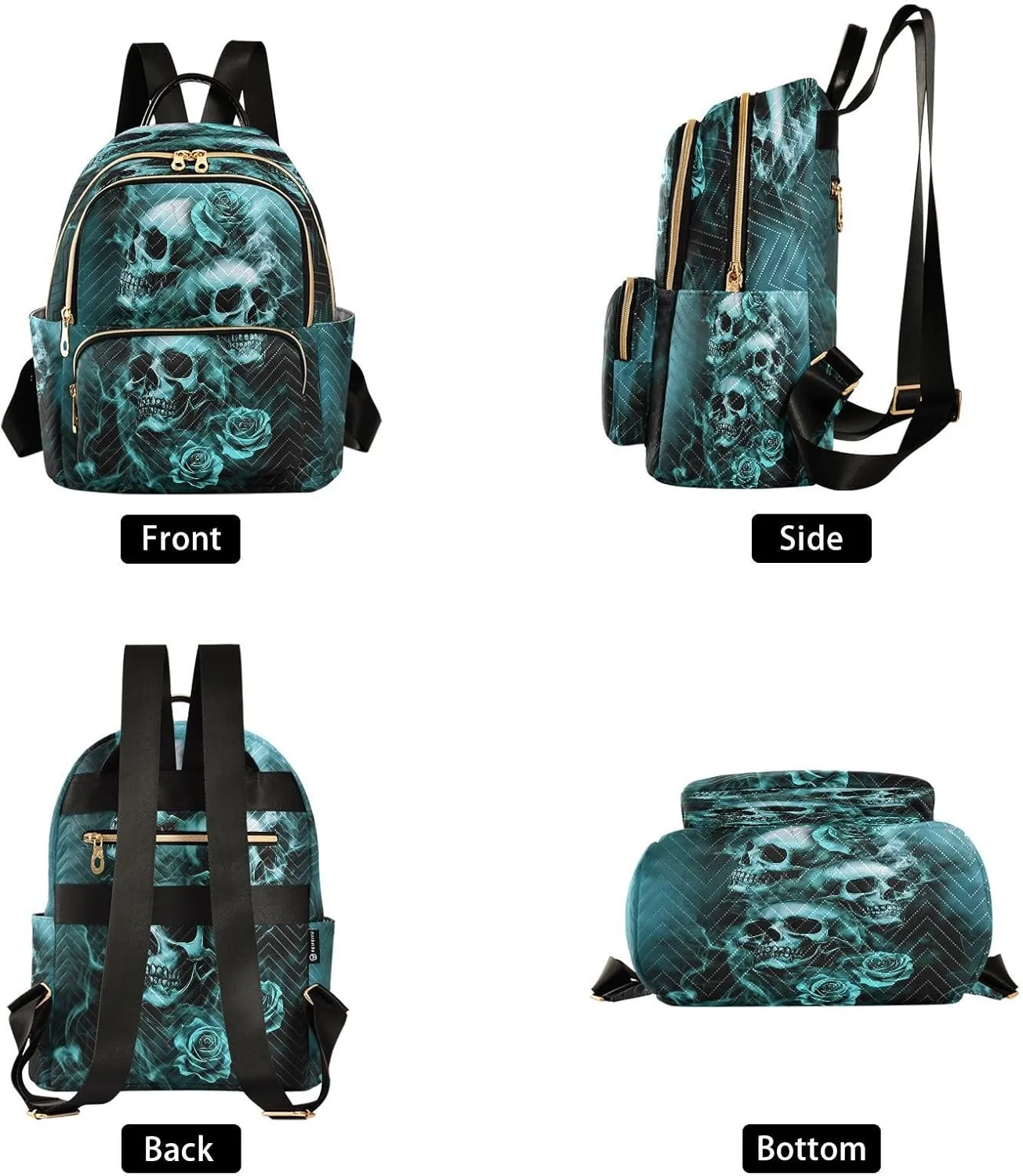 Teal Black Skulls Rose Women Mini Backpack Purse Ladies Casual Shoulder Bag Daypack for School Work Travel Small