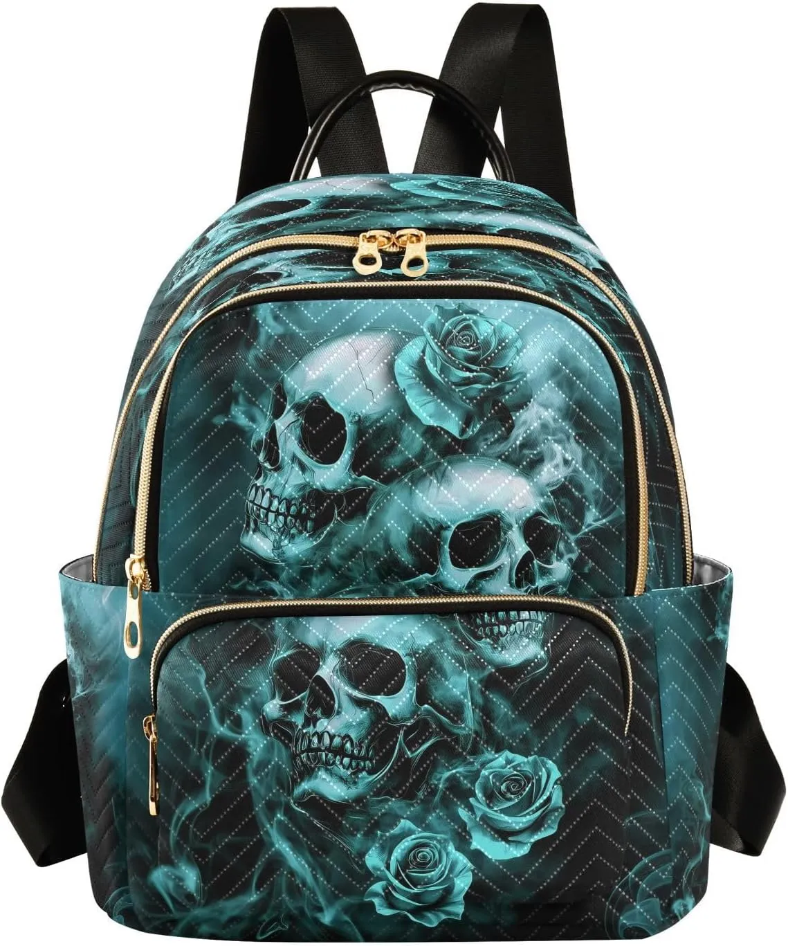 Teal Black Skulls Rose Women Mini Backpack Purse Ladies Casual Shoulder Bag Daypack for School Work Travel Small