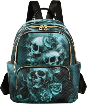 Teal Black Skulls Rose Women Mini Backpack Purse Ladies Casual Shoulder Bag Daypack for School Work Travel Small