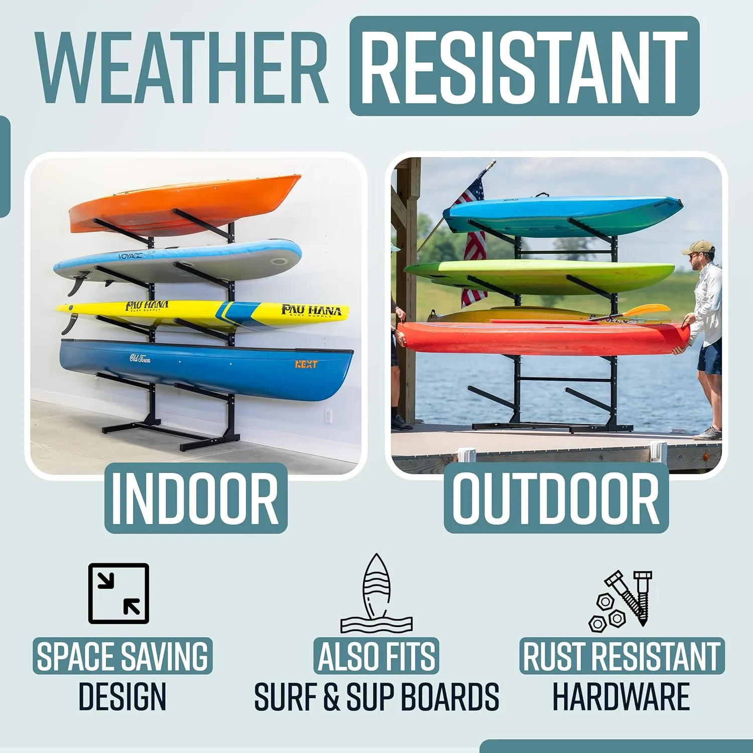 Teal Triangle Freestanding Kayak Storage Rack - 4 Kayak Storage Rack & Canoe Rack - Kayak Stand for Outdoor and Indoor - Premium Canoe and Kayak Holder - Adjustable Kayak Storage Stand