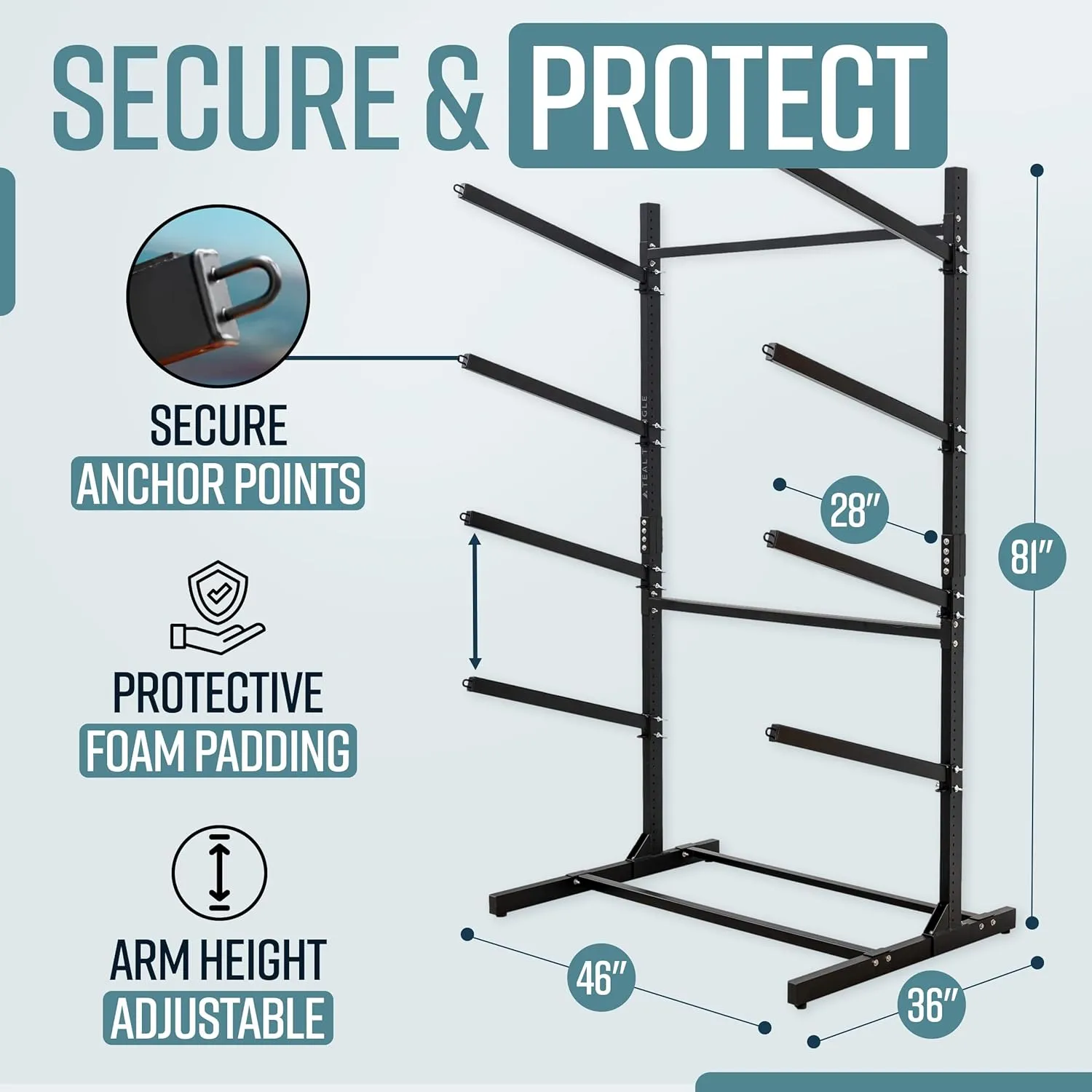 Teal Triangle Freestanding Kayak Storage Rack - 4 Kayak Storage Rack & Canoe Rack - Kayak Stand for Outdoor and Indoor - Premium Canoe and Kayak Holder - Adjustable Kayak Storage Stand