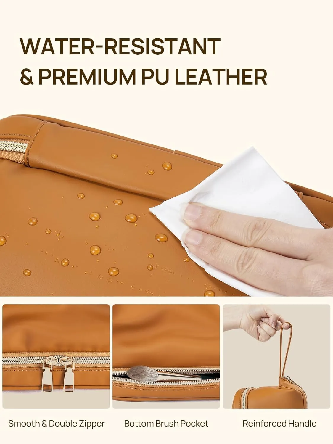Telena Makeup Bag Large Capacity Travel Cosmetic Bag Portable PU Leather Water Resistant Makeup Organizer Bags for Women with Handle and Divider Open Flat (3-Brown)