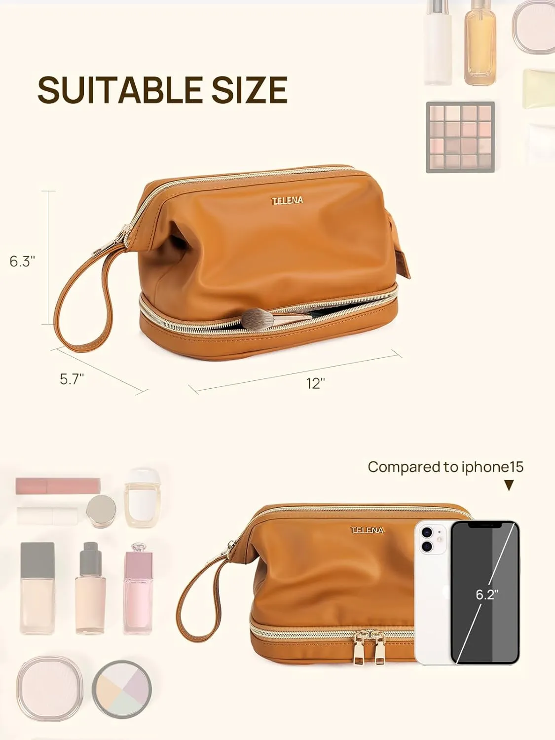 Telena Makeup Bag Large Capacity Travel Cosmetic Bag Portable PU Leather Water Resistant Makeup Organizer Bags for Women with Handle and Divider Open Flat (3-Brown)
