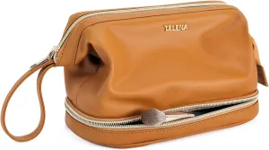 Telena Makeup Bag Large Capacity Travel Cosmetic Bag Portable PU Leather Water Resistant Makeup Organizer Bags for Women with Handle and Divider Open Flat (3-Brown)