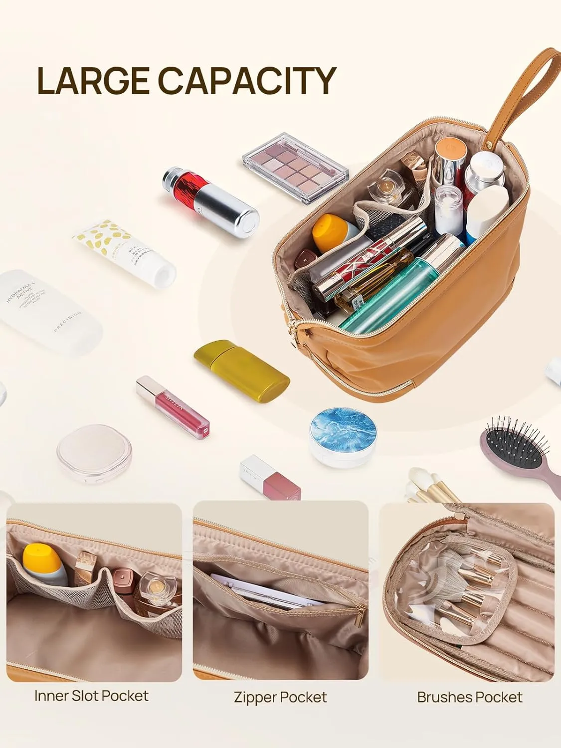 Telena Makeup Bag Large Capacity Travel Cosmetic Bag Portable PU Leather Water Resistant Makeup Organizer Bags for Women with Handle and Divider Open Flat (3-Brown)
