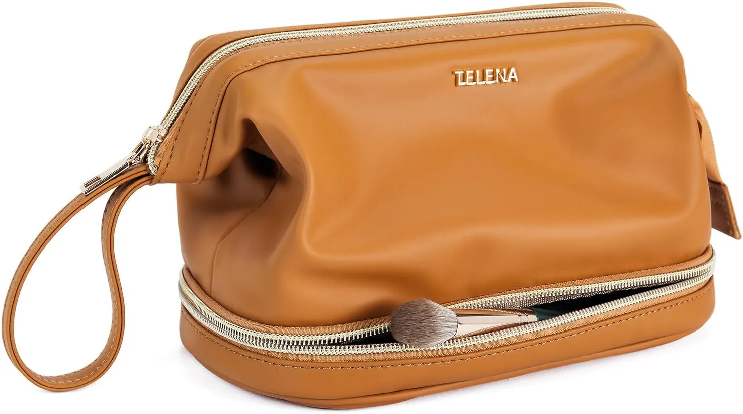 Telena Makeup Bag Large Capacity Travel Cosmetic Bag Portable PU Leather Water Resistant Makeup Organizer Bags for Women with Handle and Divider Open Flat (3-Brown)