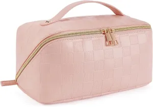 Telena Makeup Bag Large Capacity Travel Cosmetic Bag Portable PU Leather Water Resistant Makeup Organizer Bags for Women with Handle and Divider Open Flat