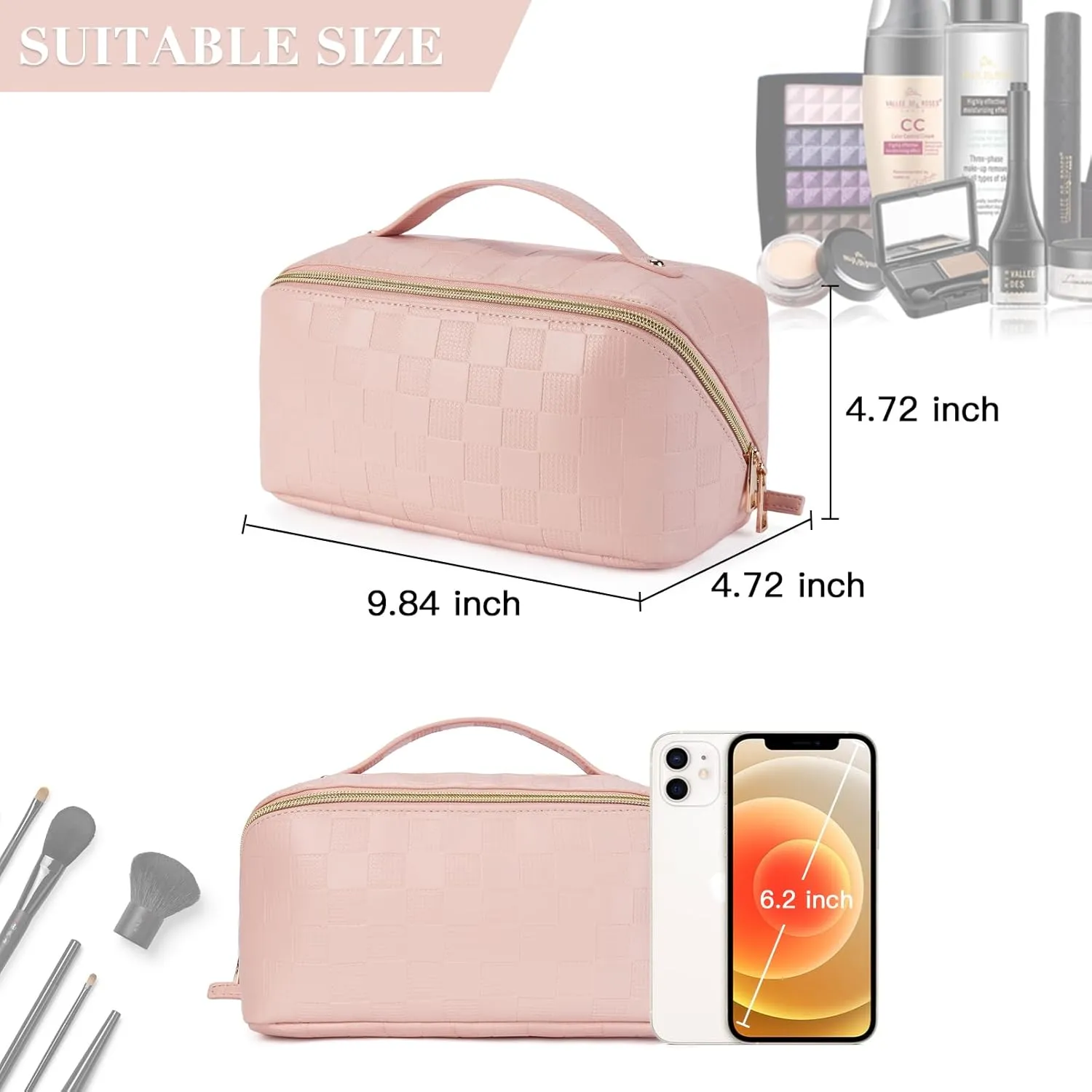 Telena Makeup Bag Large Capacity Travel Cosmetic Bag Portable PU Leather Water Resistant Makeup Organizer Bags for Women with Handle and Divider Open Flat