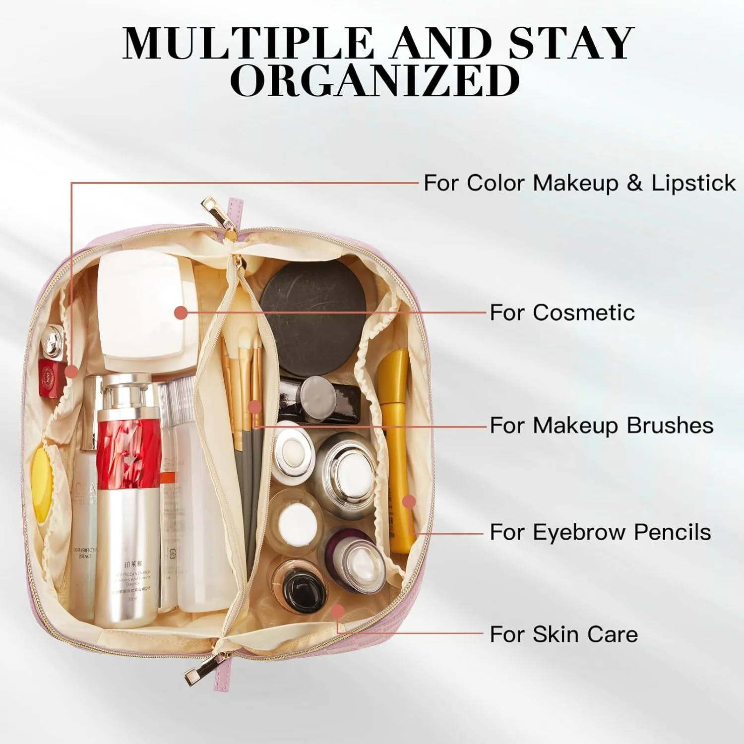Telena Makeup Bag Large Capacity Travel Cosmetic Bag Portable PU Leather Water Resistant Makeup Organizer Bags for Women with Handle and Divider Open Flat