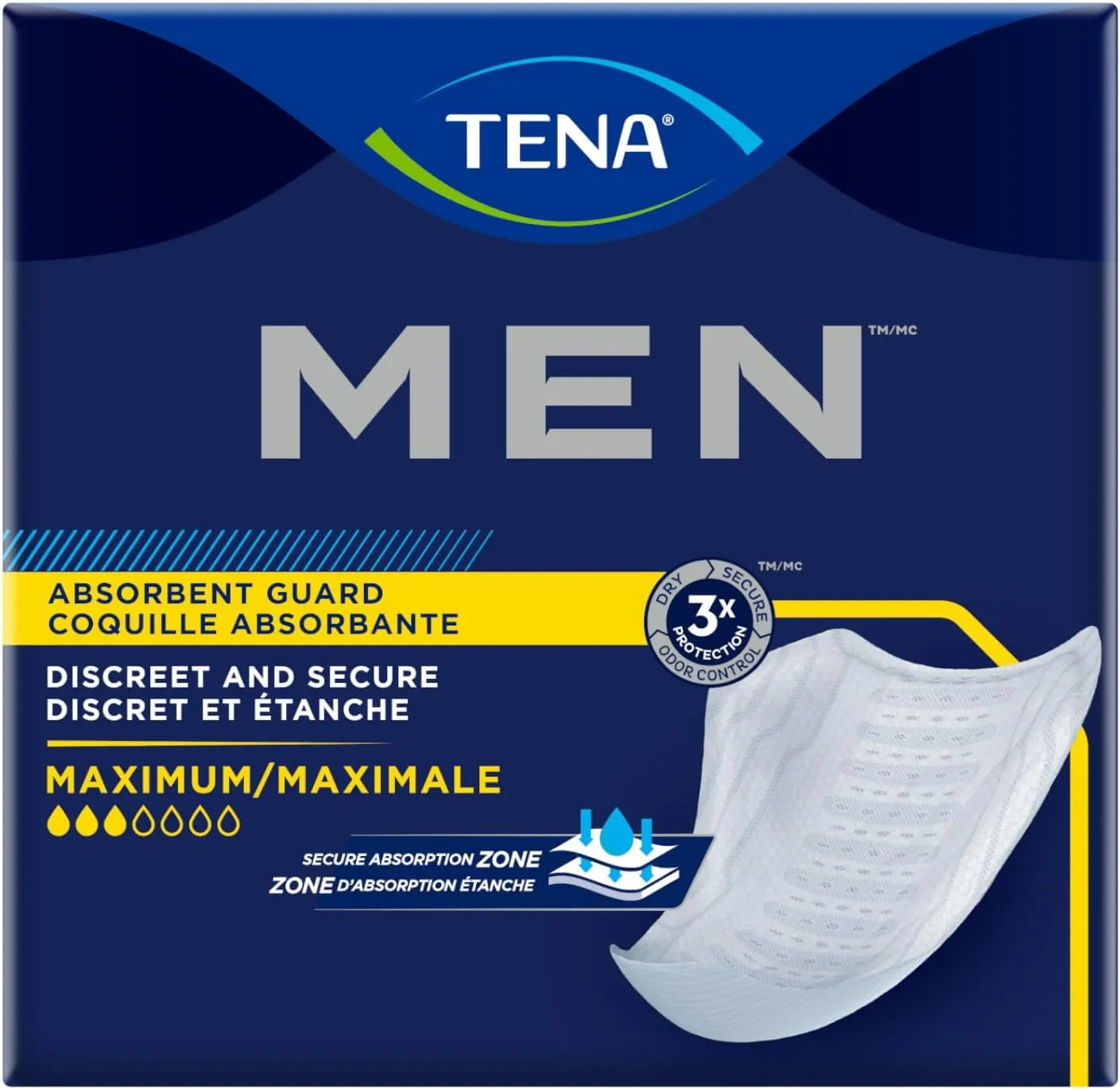 TENA Men Maximum Guard Incontinence Pad for Men, Maximum Absorbency, (60 Total - 3 Packs)
