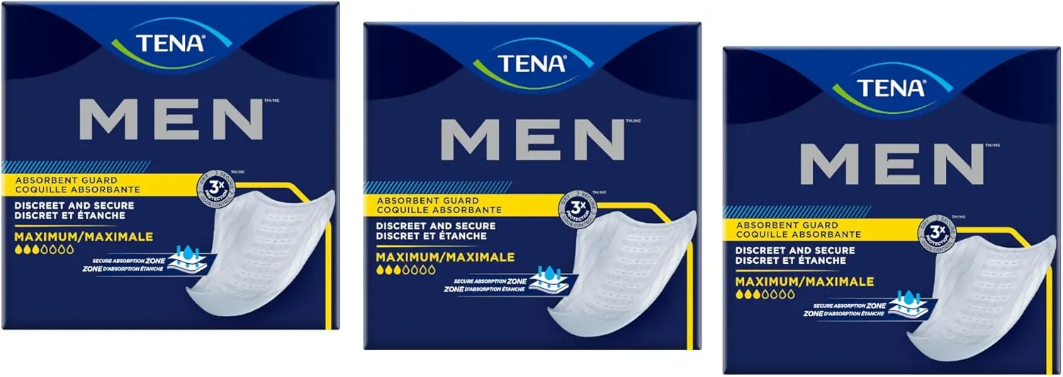 TENA Men Maximum Guard Incontinence Pad for Men, Maximum Absorbency, (60 Total - 3 Packs)