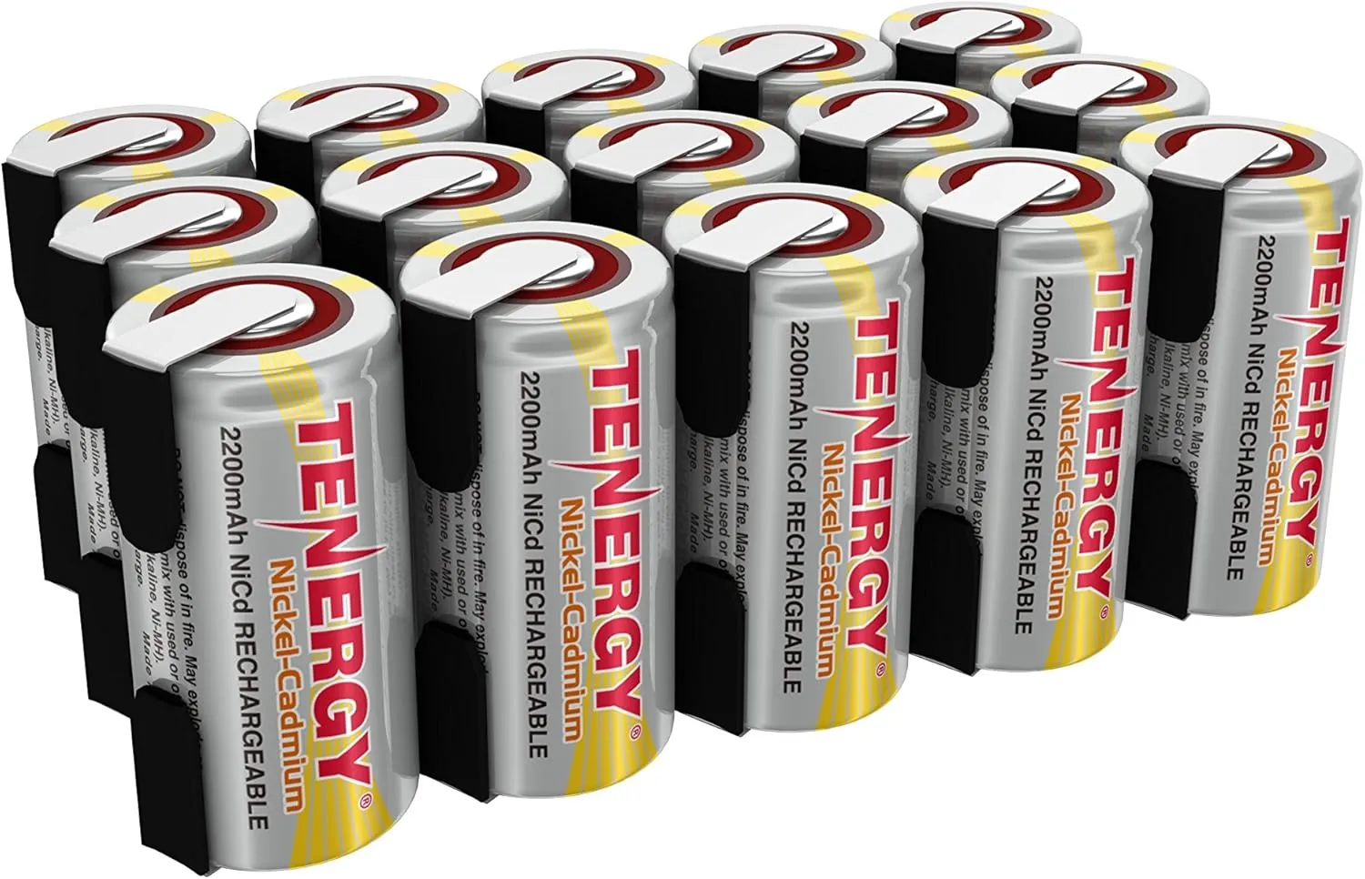 Tenergy 2200mAh Sub C NiCd Battery for Power Tools, 1.2V Flat Top Rechargeable Sub-C Cell Batteries with Tabs, 15-Pack