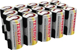 Tenergy 2200mAh Sub C NiCd Battery for Power Tools, 1.2V Flat Top Rechargeable Sub-C Cell Batteries with Tabs, 15-Pack