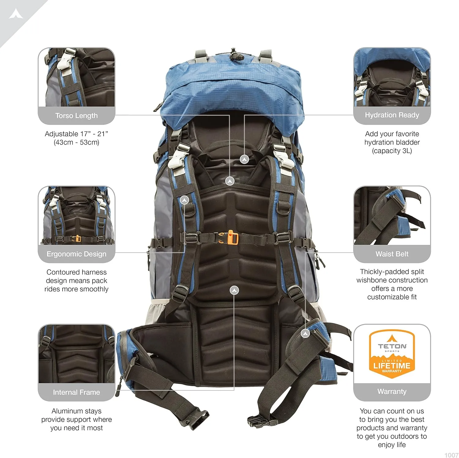TETON Sports Outfitter 4600 Ultralight Internal Frame High-Performance Backpack for Hiking, Camping, Travel, and Outdoor Activities; 75L, Blue