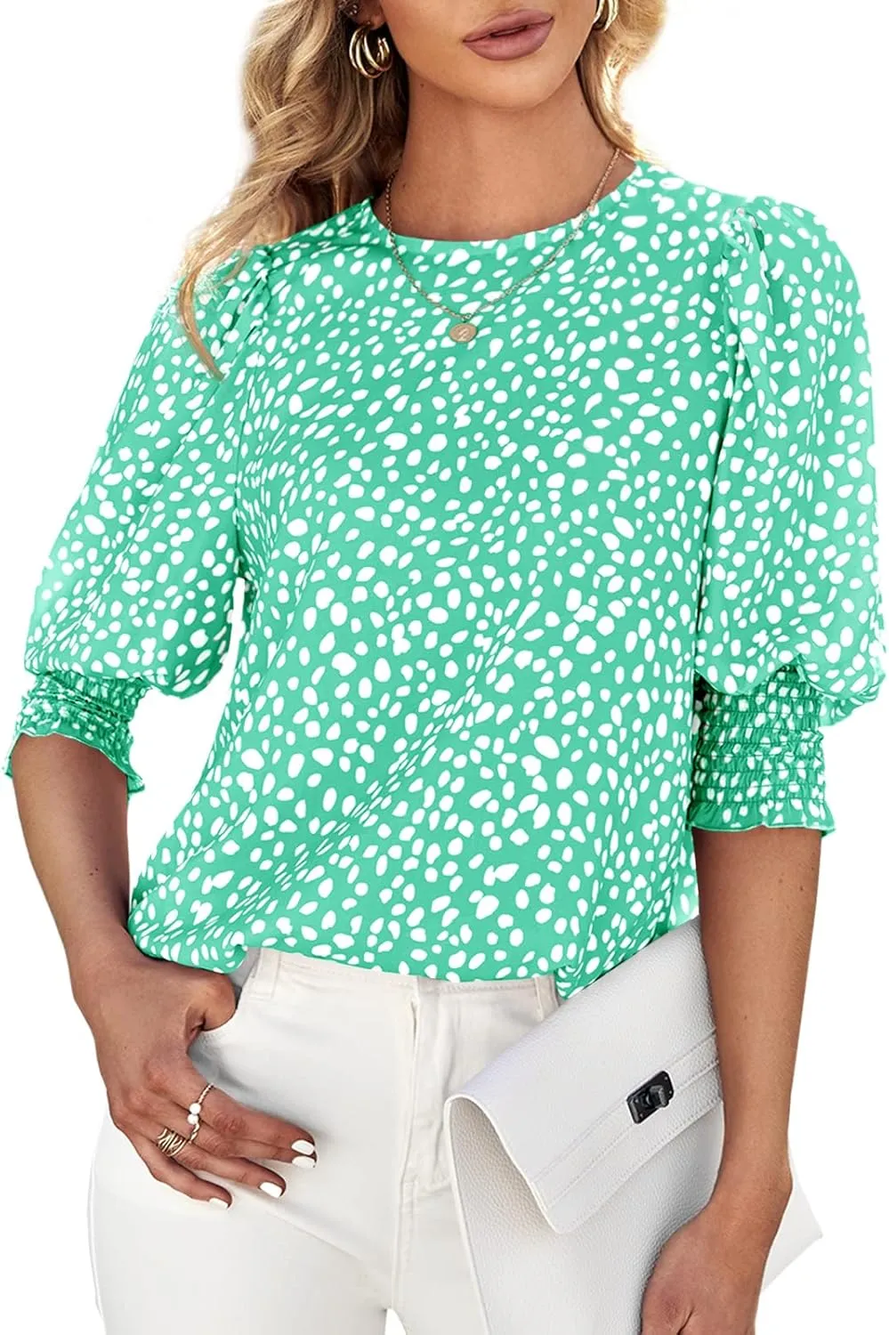 Teurkia Women's Polka Dot 3/4 Sleeve Blouse Tops Ladies Casual Office Work Crew Neck T-Shirt